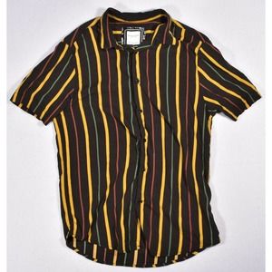 Denim & Flower Mens Small Short Sleeve Button Up Black Striped Shirt